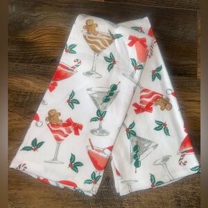Holiday Cocktail Print Kitchen Towel - White with Red & Green and a Gingerbread
